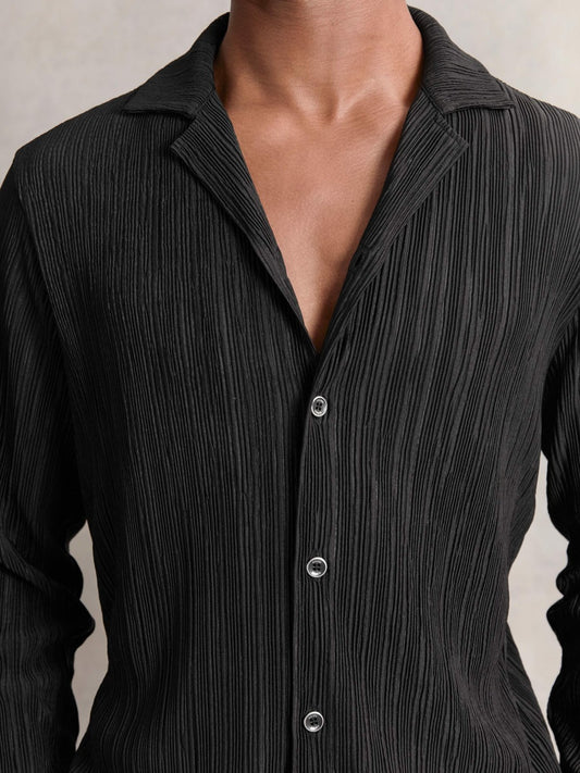 Plissé Cuban-Collar Long-Sleeve Shirt in Black | Reiss Men Popular