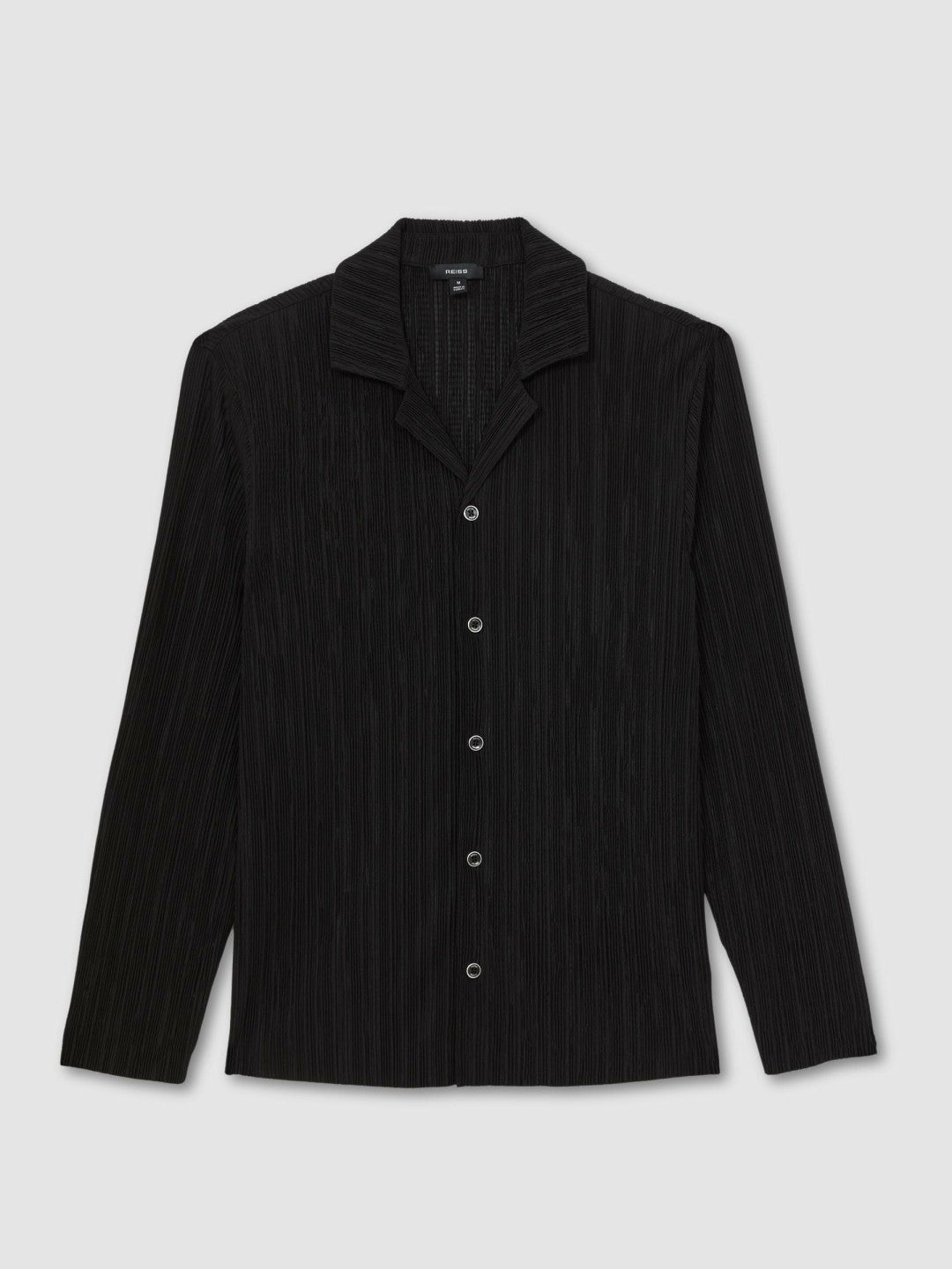 Plissé Cuban-Collar Long-Sleeve Shirt in Black | Reiss Men Popular