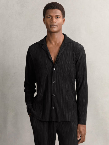Plissé Cuban-Collar Long-Sleeve Shirt in Black | Reiss Men Popular