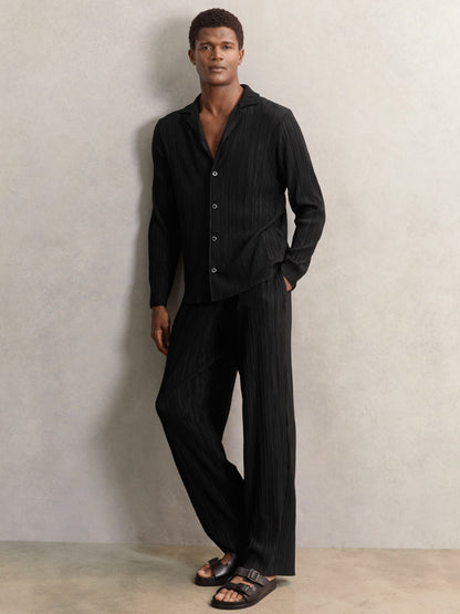 Plissé Cuban-Collar Long-Sleeve Shirt in Black | Reiss Men Popular