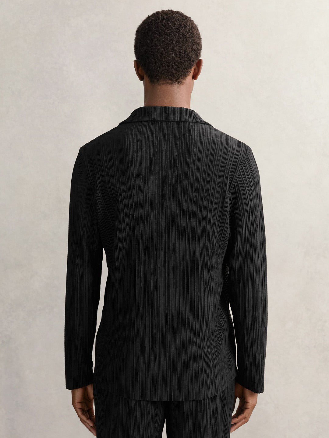Plissé Cuban-Collar Long-Sleeve Shirt in Black | Reiss Men Popular