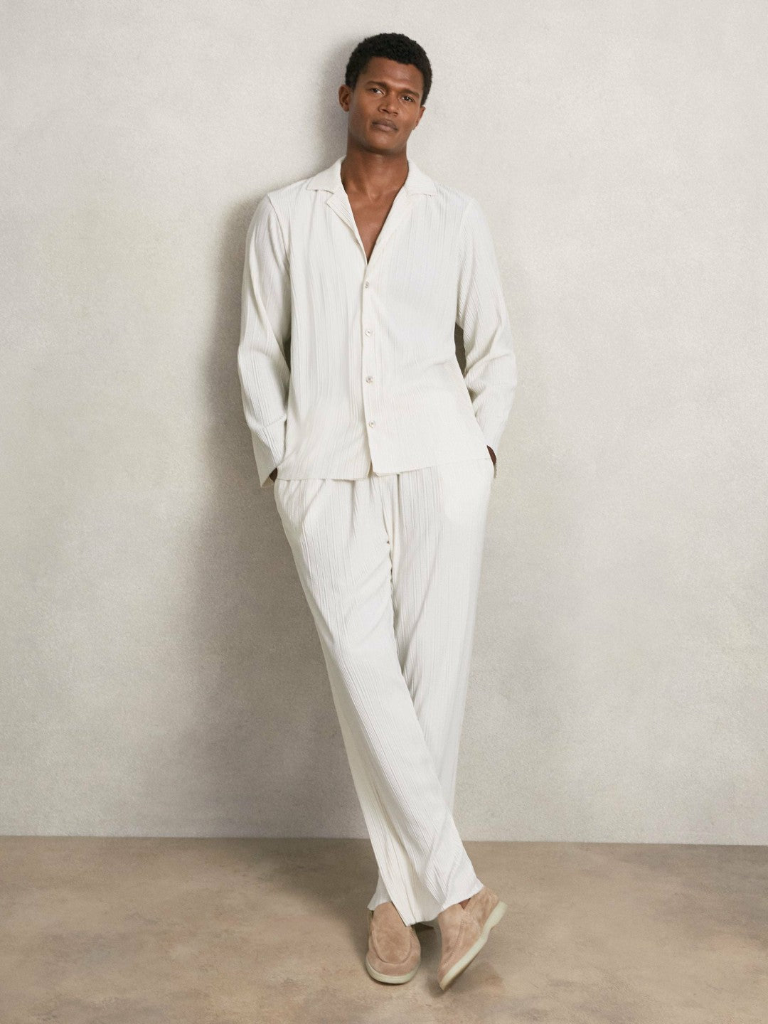Plissé Wide Leg Trousers in Off White | Reiss Men Popular