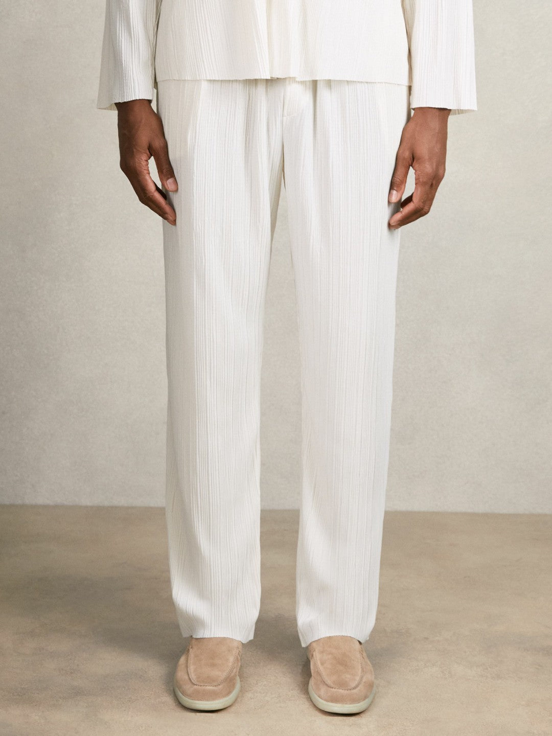 Plissé Wide Leg Trousers in Off White | Reiss Men Popular