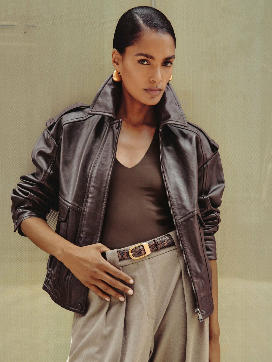 Oversized Leather Jacket in Aubergine | Reiss Women Exclusive
