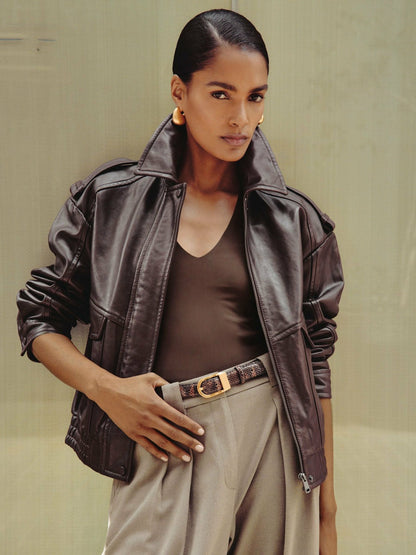 Oversized Leather Jacket in Aubergine | Reiss Women Exclusive