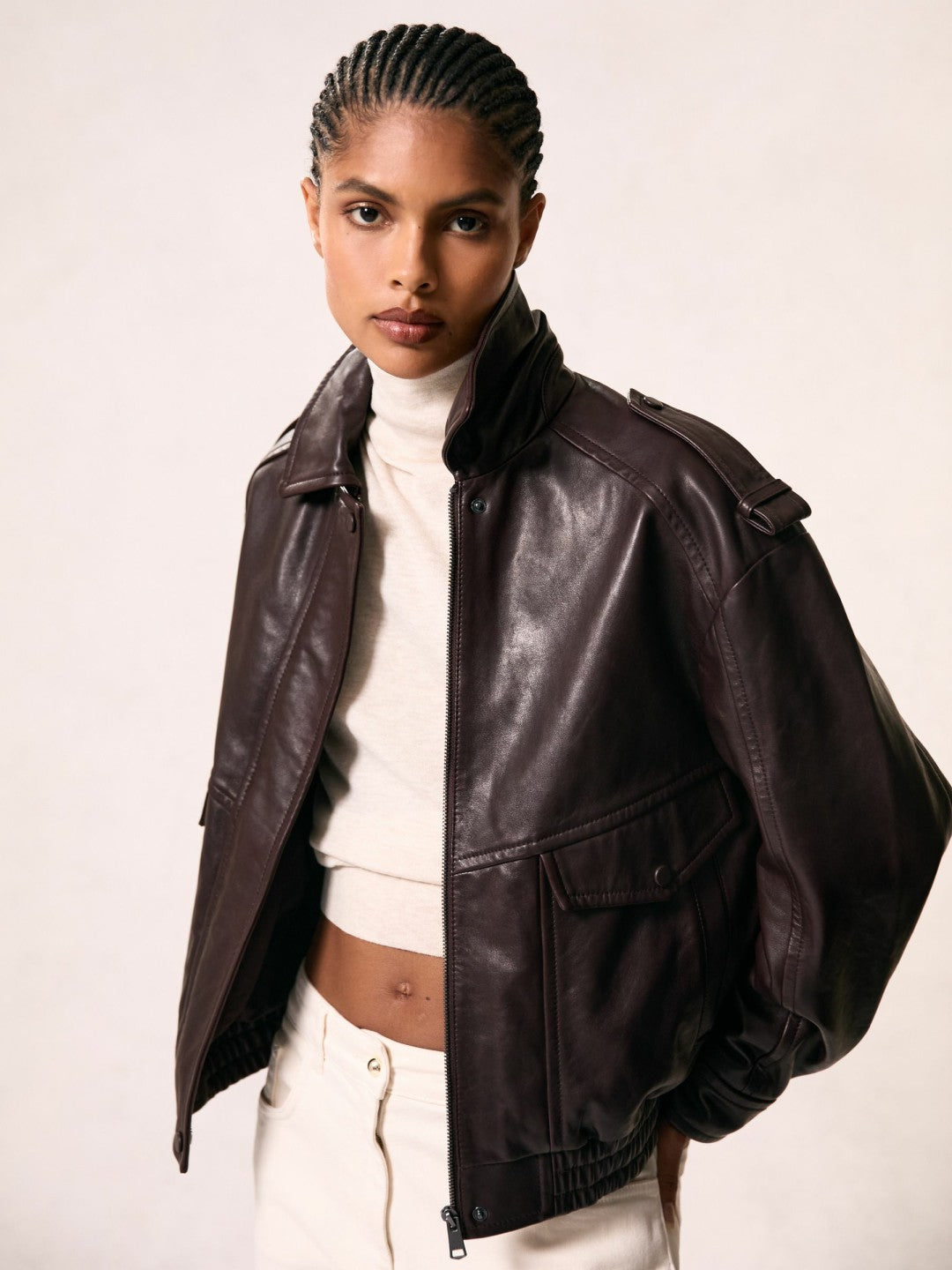 Oversized Leather Jacket in Aubergine | Reiss Women Exclusive