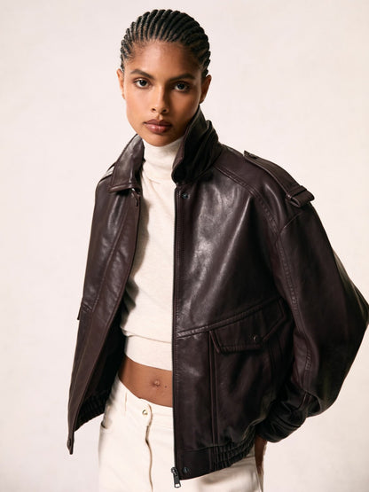 Oversized Leather Jacket in Aubergine | Reiss Women Exclusive