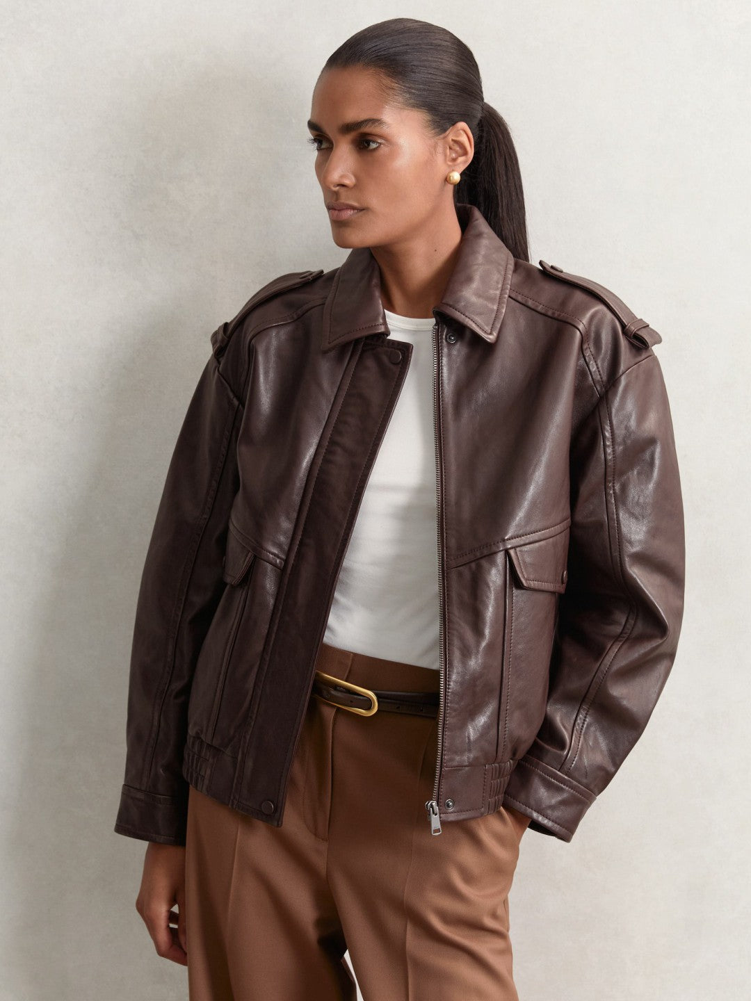 Oversized Leather Jacket in Aubergine | Reiss Women Exclusive