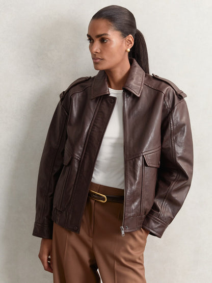 Oversized Leather Jacket in Aubergine | Reiss Women Exclusive