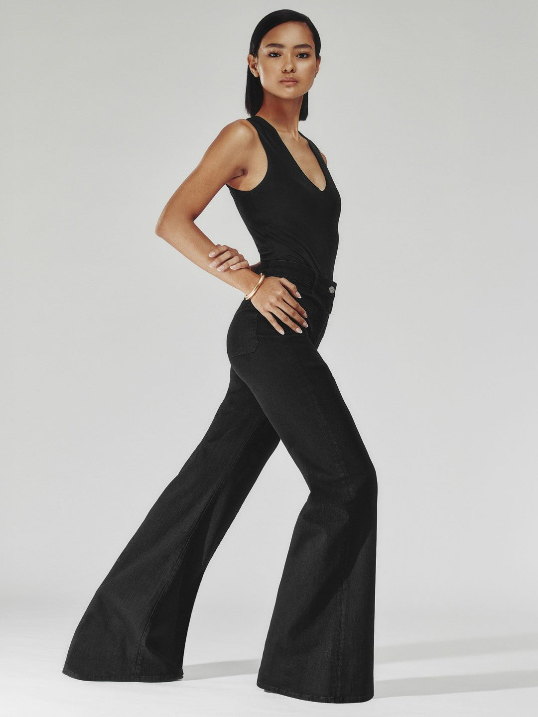 Petite Patch-Pocket Flared Jeans in Black | Reiss Women Featured