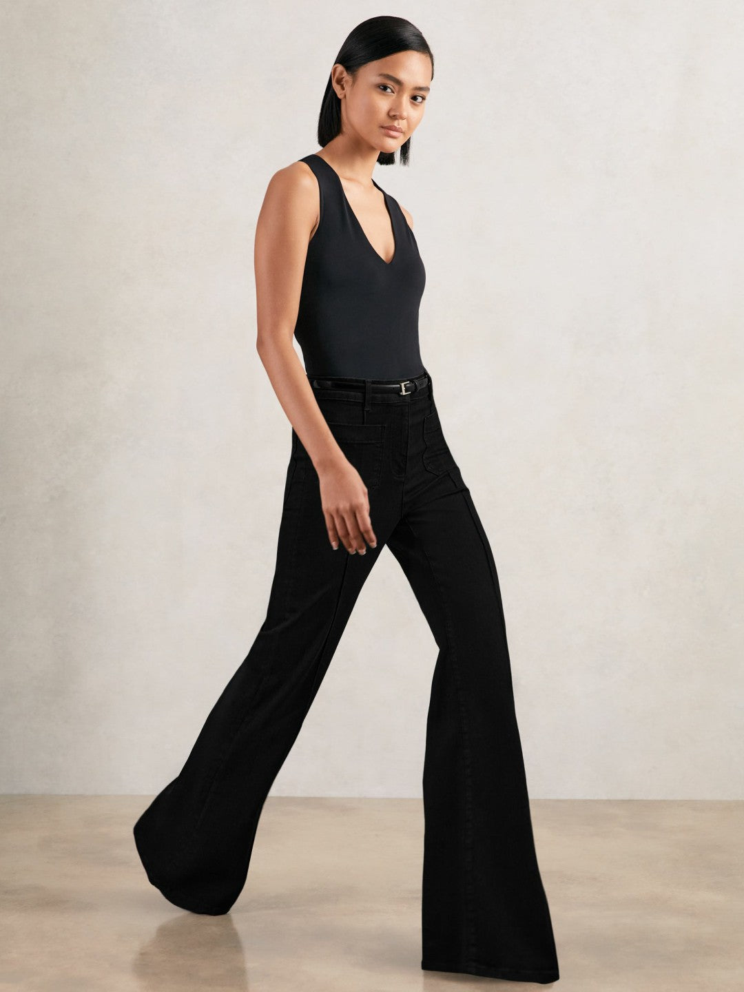 Petite Patch-Pocket Flared Jeans in Black | Reiss Women Featured