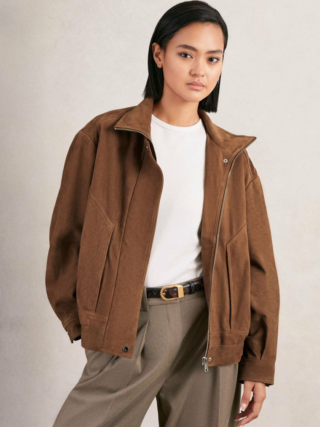 Suede Funnel-Neck Bomber Jacket in Tan | Reiss Women Best Seller