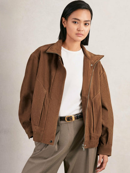 Suede Funnel-Neck Bomber Jacket in Tan | Reiss Women Best Seller
