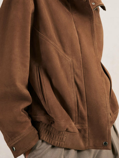 Suede Funnel-Neck Bomber Jacket in Tan | Reiss Women Best Seller