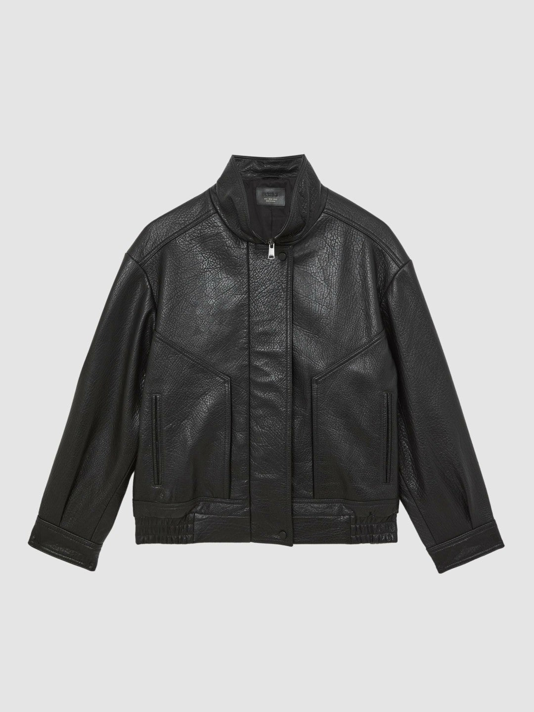 Oversize Grained-Leather Bomber Jacket in Black | Reiss Women Recommended