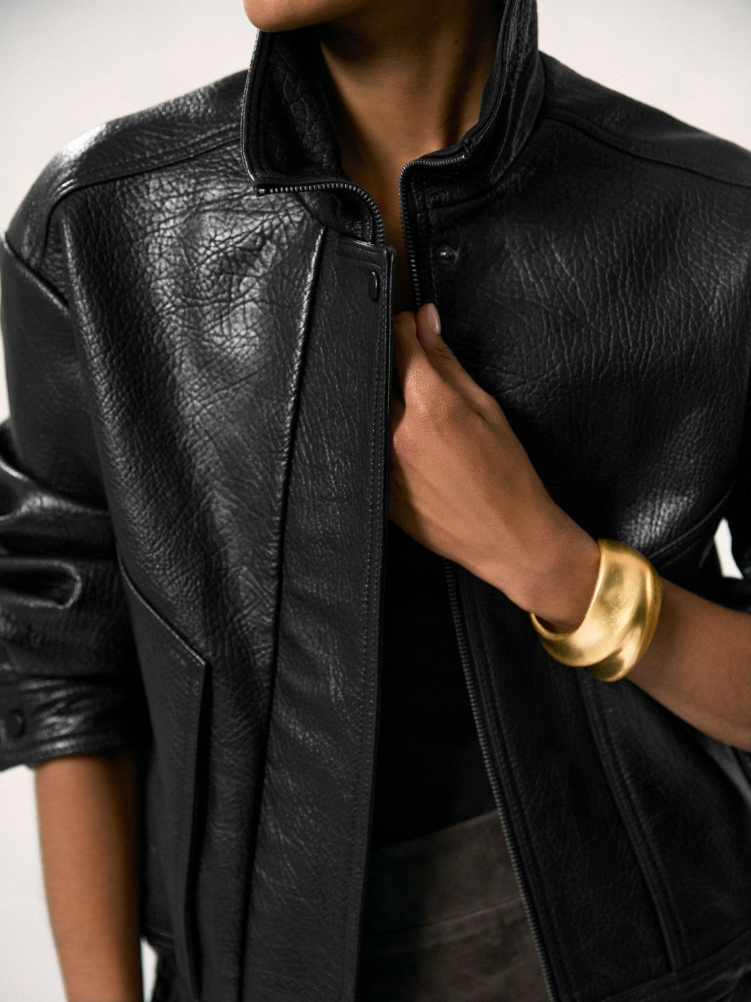 Oversize Grained-Leather Bomber Jacket in Black | Reiss Women Recommended