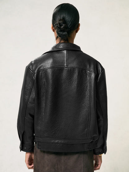 Oversize Grained-Leather Bomber Jacket in Black | Reiss Women Recommended