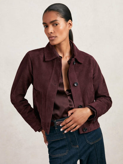 Suede Button Through Jacket in Burgundy | Reiss Women Trending