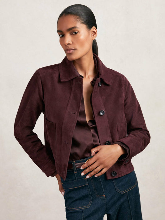 Suede Button Through Jacket in Burgundy | Reiss Women Trending