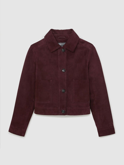 Suede Button Through Jacket in Burgundy | Reiss Women Trending
