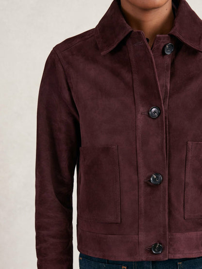 Suede Button Through Jacket in Burgundy | Reiss Women Trending