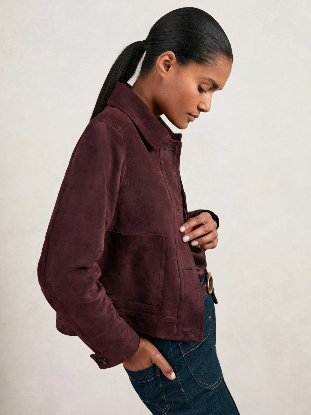 Suede Button Through Jacket in Burgundy | Reiss Women Trending