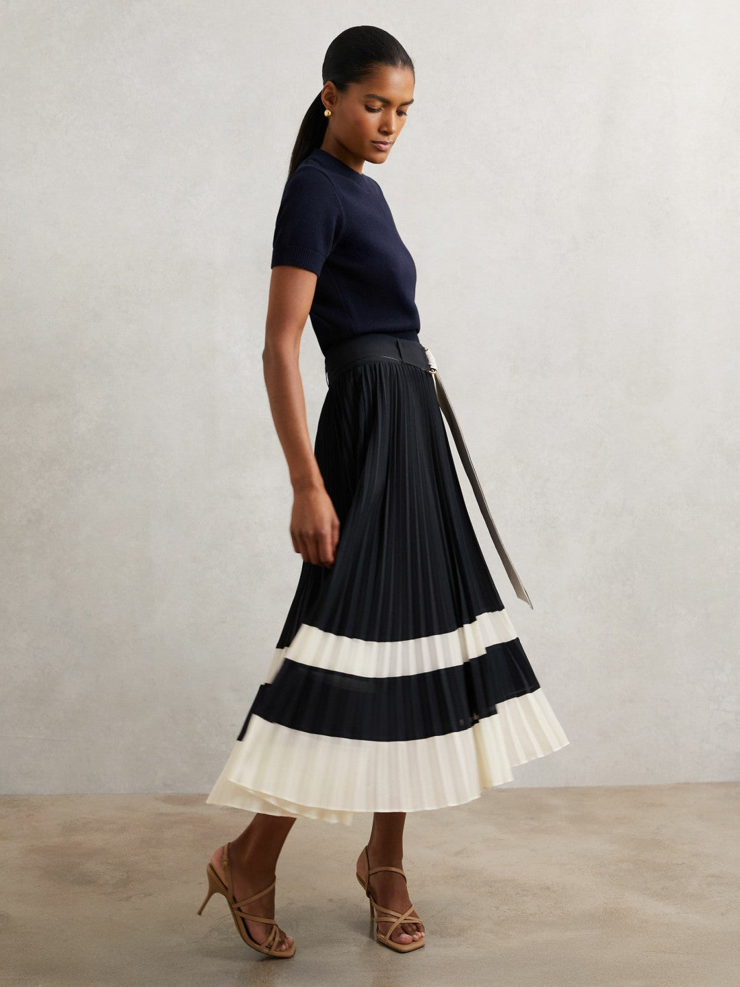 Belted Pleated Midi Skirt in Navy/Ivory | Reiss Women Recommended
