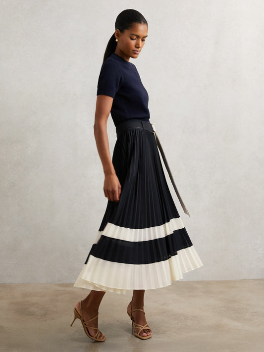 Belted Pleated Midi Skirt in Navy/Ivory | Reiss Women Recommended