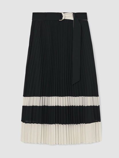 Belted Pleated Midi Skirt in Navy/Ivory | Reiss Women Recommended