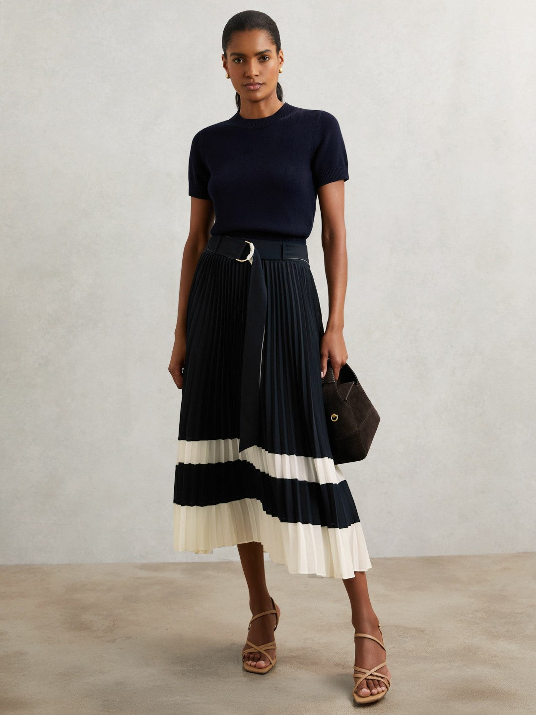 Belted Pleated Midi Skirt in Navy/Ivory | Reiss Women Recommended