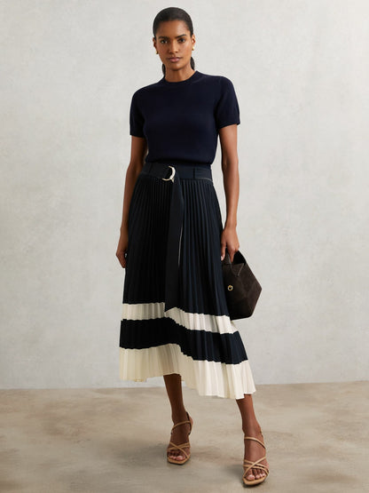 Belted Pleated Midi Skirt in Navy/Ivory | Reiss Women Recommended
