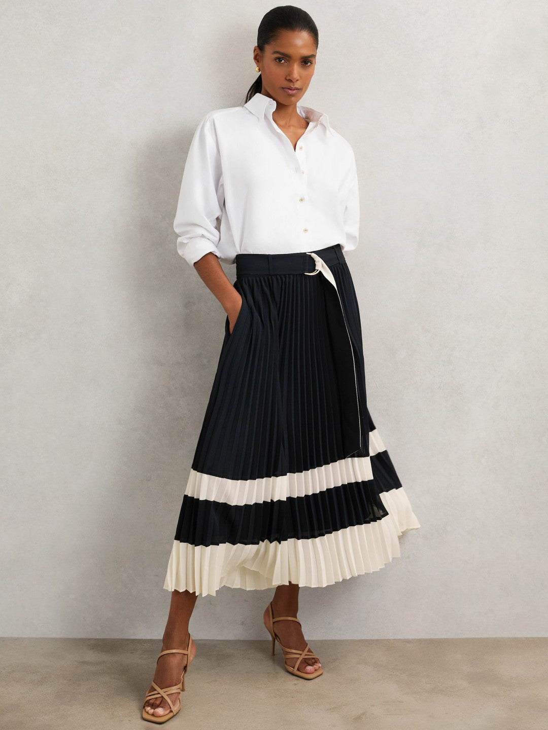 Belted Pleated Midi Skirt in Navy/Ivory | Reiss Women Recommended