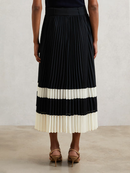 Belted Pleated Midi Skirt in Navy/Ivory | Reiss Women Recommended