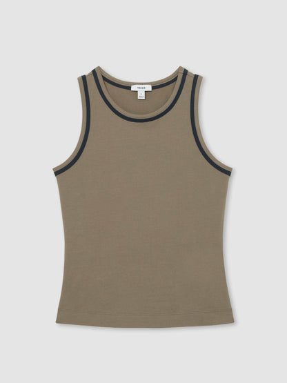 Stretch-Cotton Jersey Tipped Vest in Khaki Green/Navy | Reiss Women Recommended