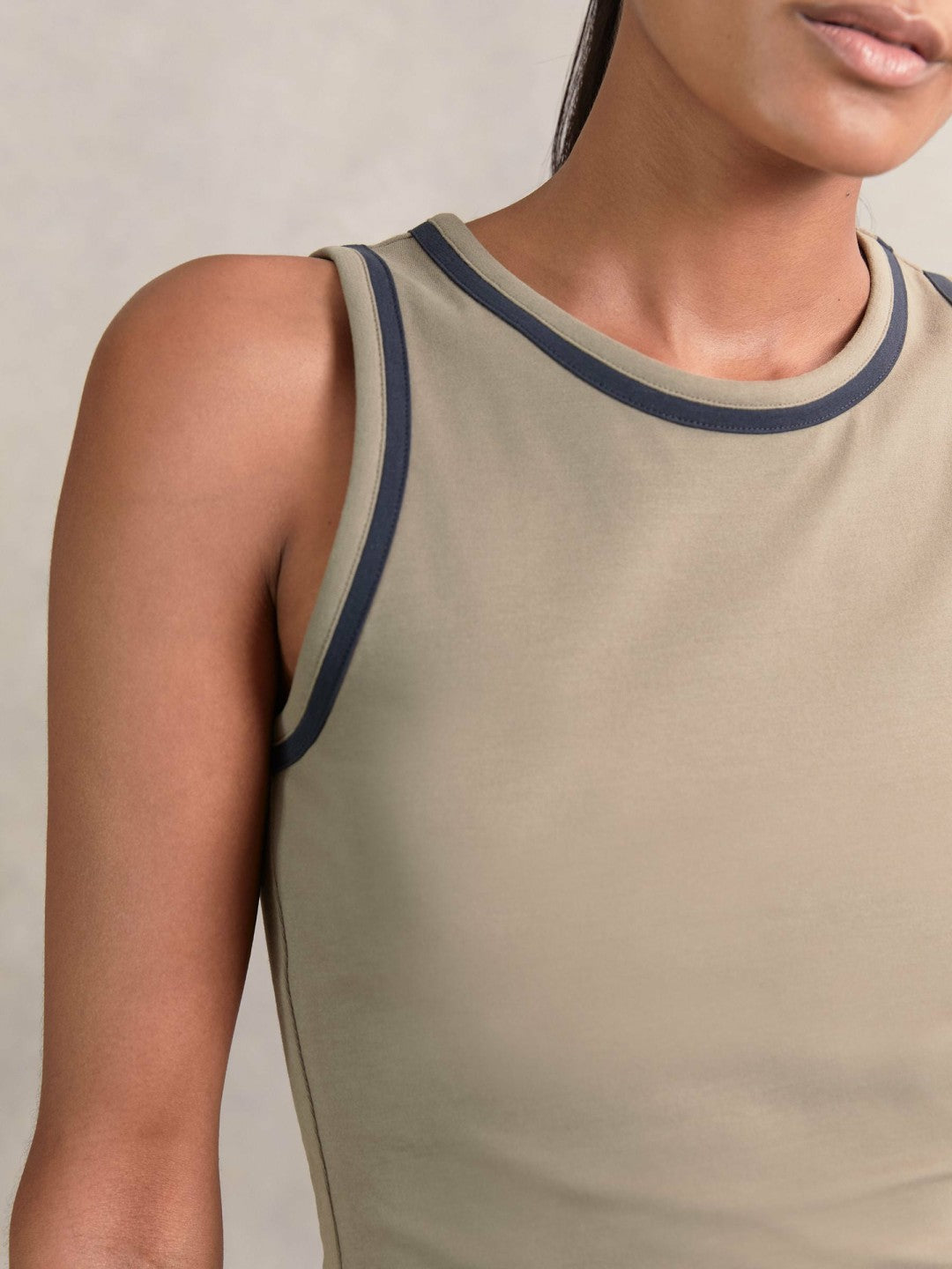 Stretch-Cotton Jersey Tipped Vest in Khaki Green/Navy | Reiss Women Recommended
