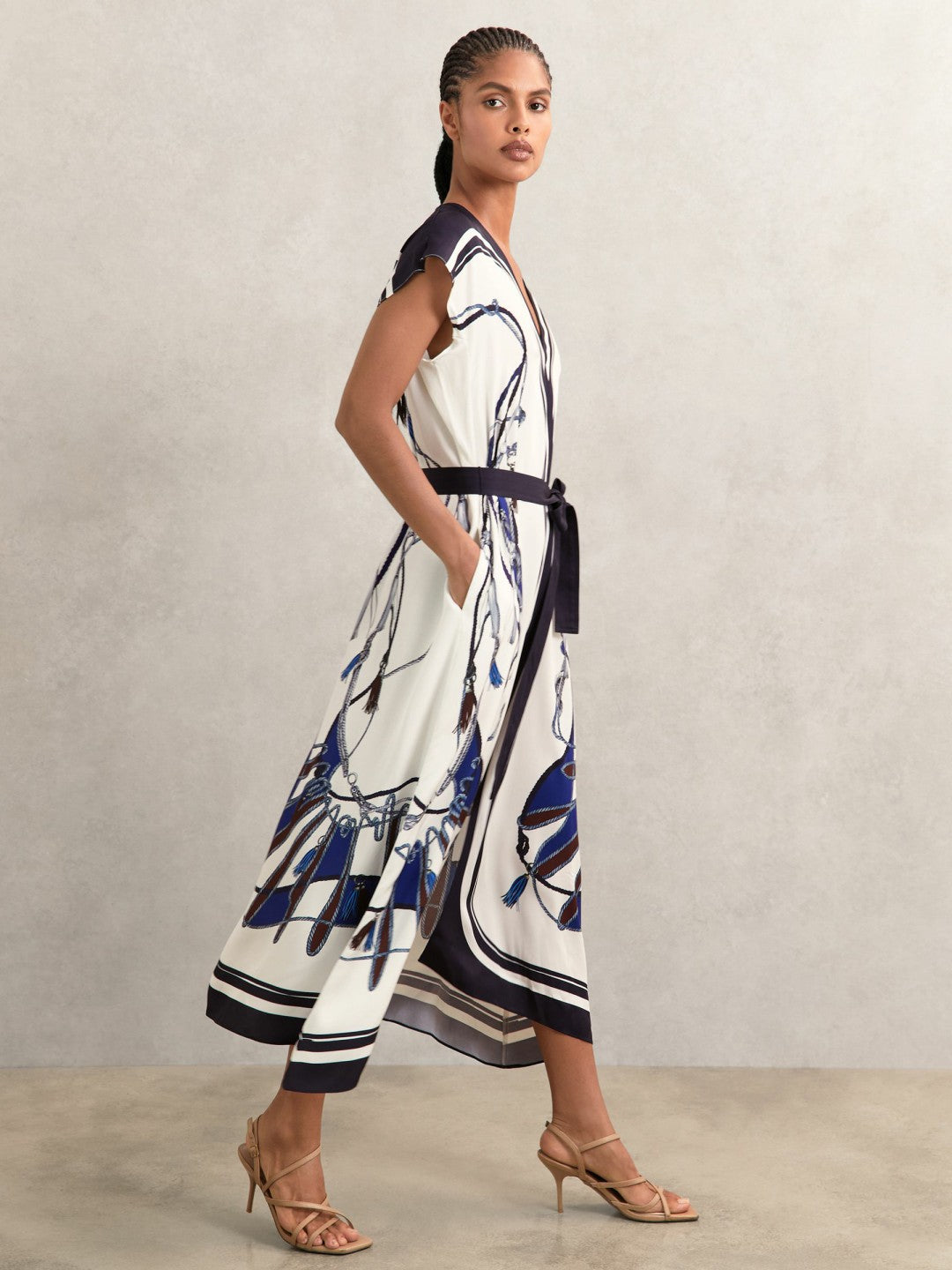 Scarf-Print V-Neck Belted Midi Dress in Blue/Brown | Reiss Women Premium