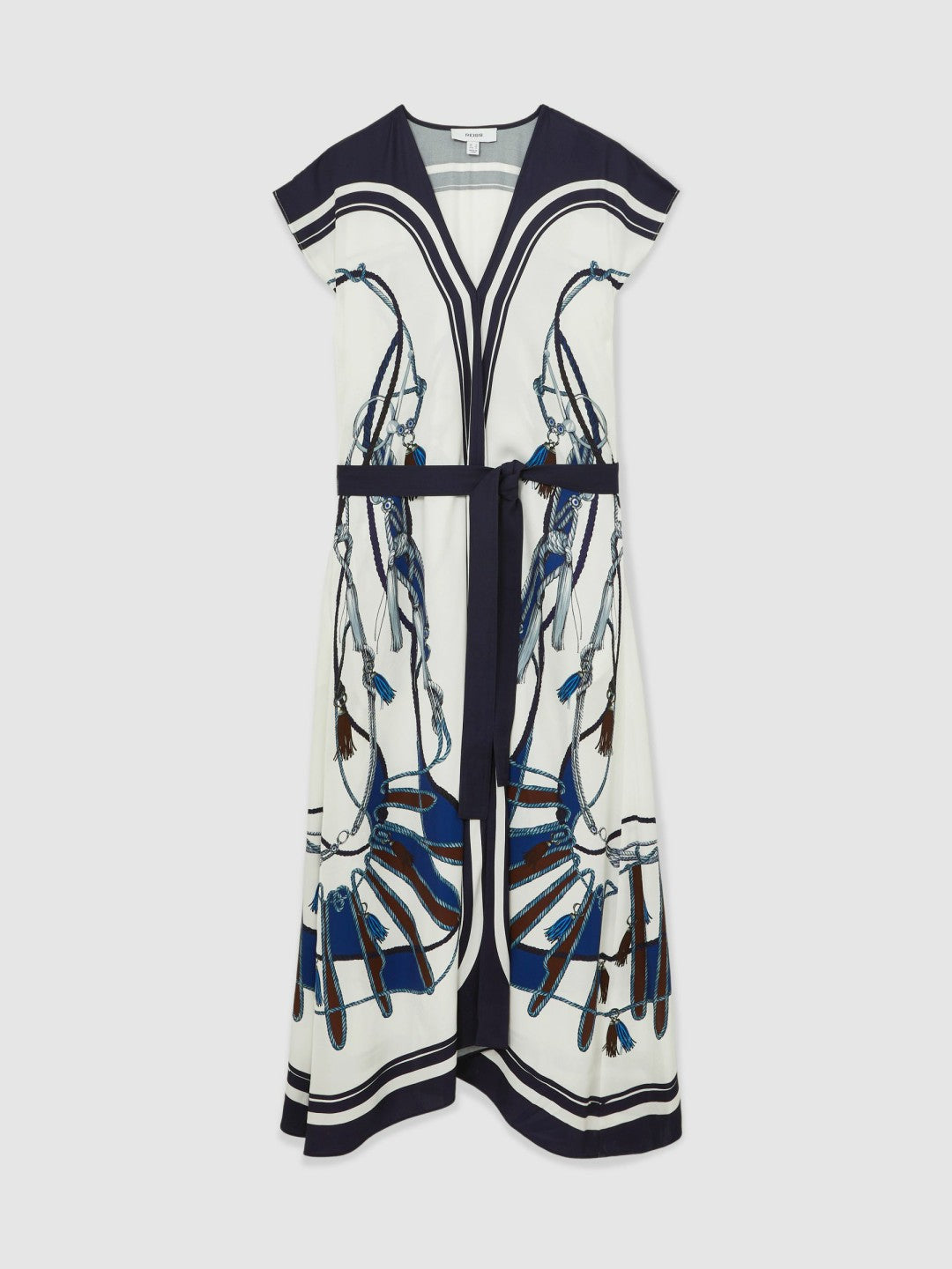 Scarf-Print V-Neck Belted Midi Dress in Blue/Brown | Reiss Women Premium