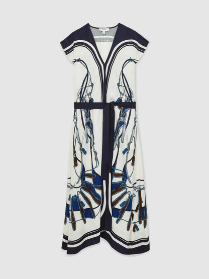 Scarf-Print V-Neck Belted Midi Dress in Blue/Brown | Reiss Women Premium
