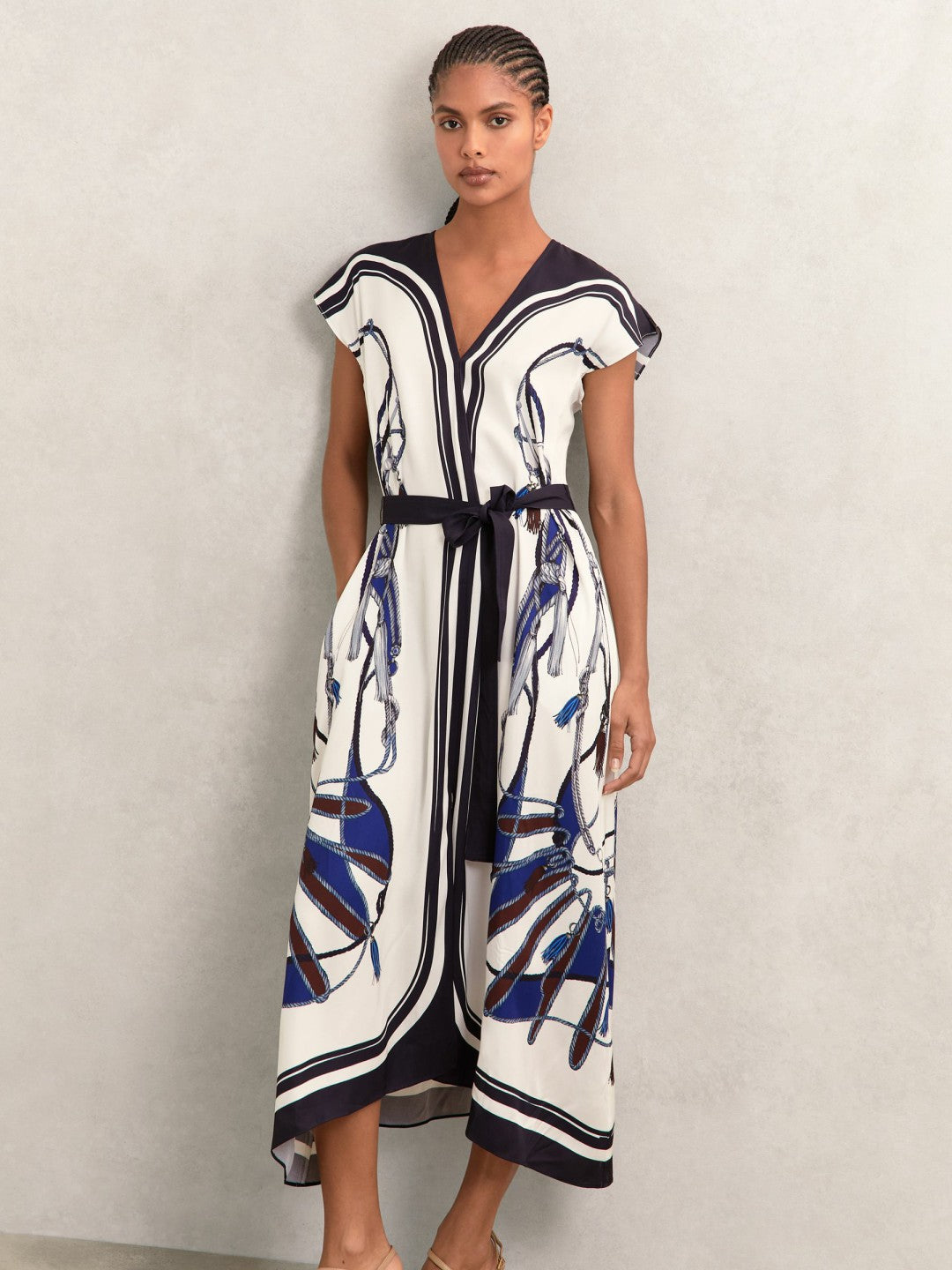 Scarf-Print V-Neck Belted Midi Dress in Blue/Brown | Reiss Women Premium