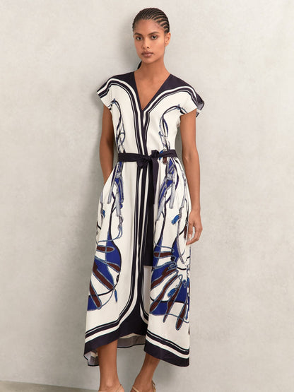 Scarf-Print V-Neck Belted Midi Dress in Blue/Brown | Reiss Women Premium