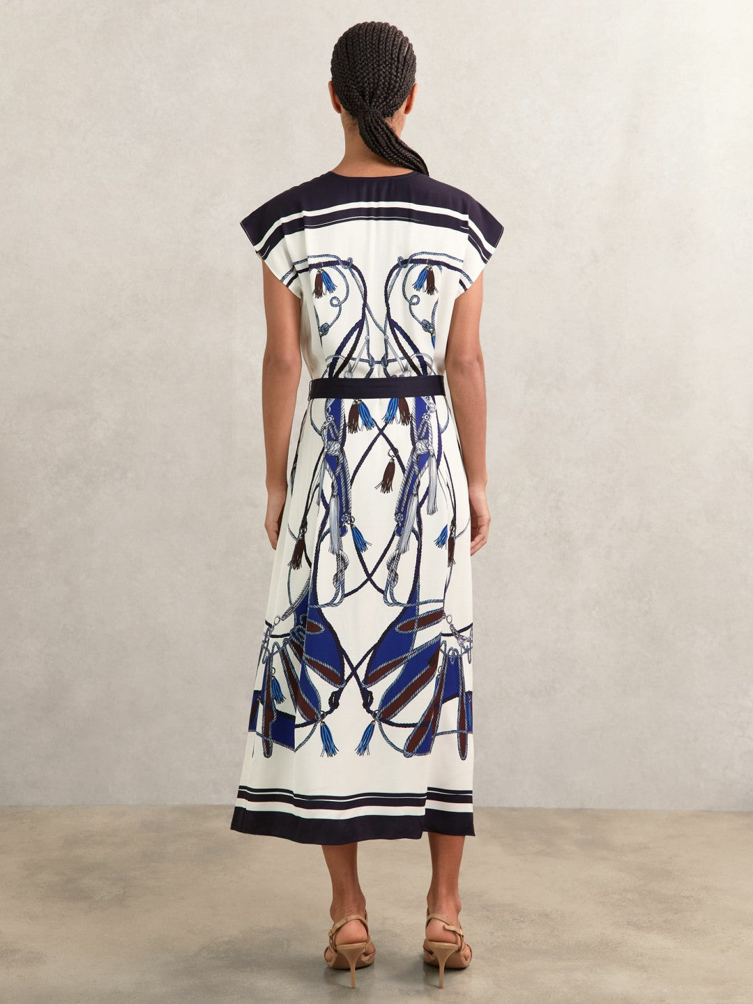 Scarf-Print V-Neck Belted Midi Dress in Blue/Brown | Reiss Women Premium