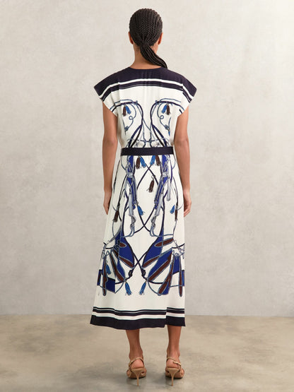 Scarf-Print V-Neck Belted Midi Dress in Blue/Brown | Reiss Women Premium
