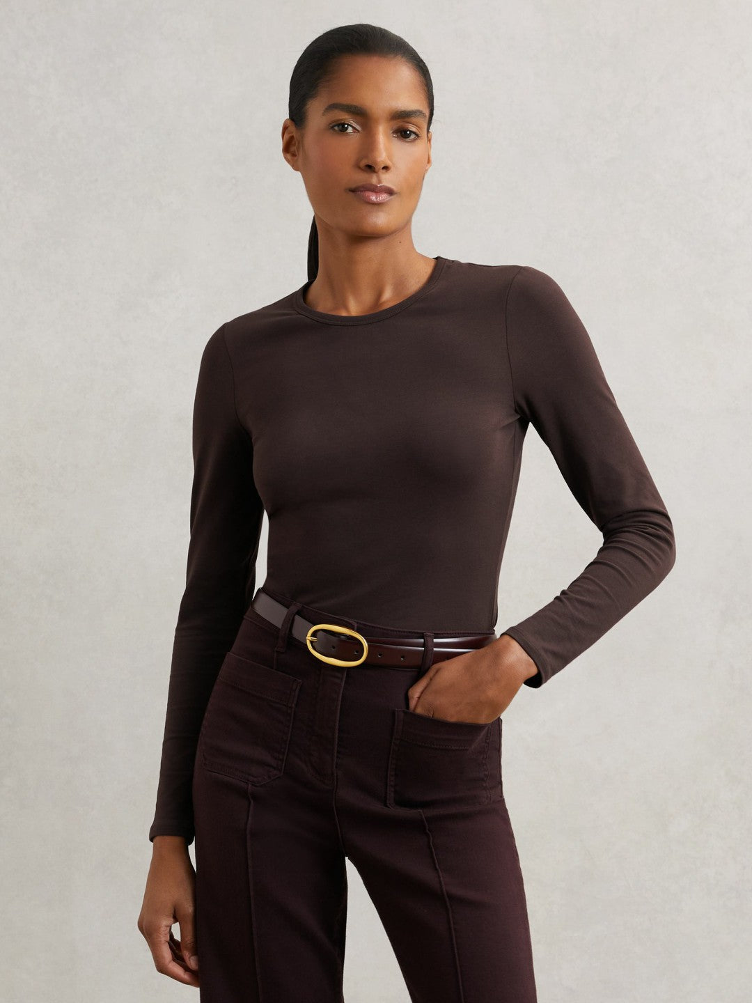 Cotton Crew-Neck Long-Sleeve T-Shirt With Stretch in Plum Purple | Reiss Women Exclusive