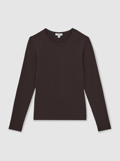 Cotton Crew-Neck Long-Sleeve T-Shirt With Stretch in Plum Purple | Reiss Women Exclusive