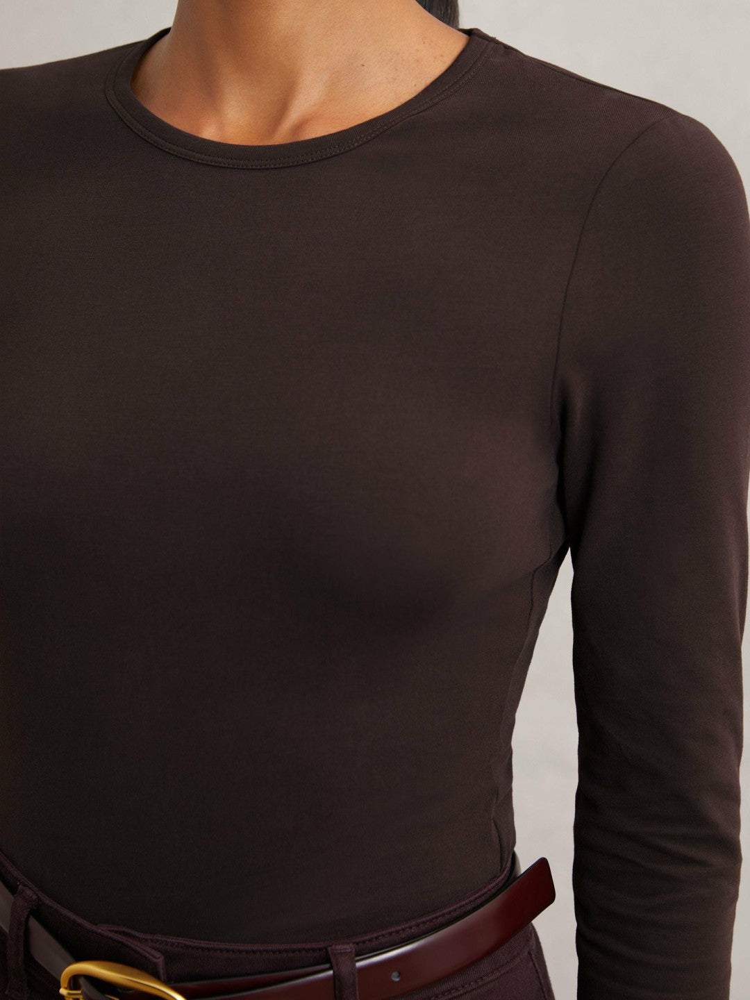 Cotton Crew-Neck Long-Sleeve T-Shirt With Stretch in Plum Purple | Reiss Women Exclusive