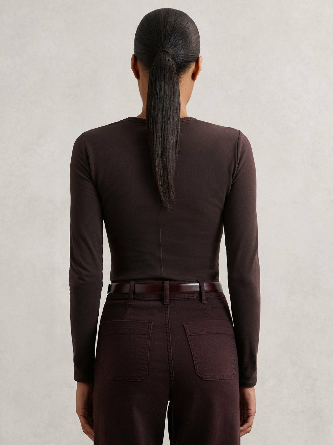 Cotton Crew-Neck Long-Sleeve T-Shirt With Stretch in Plum Purple | Reiss Women Exclusive