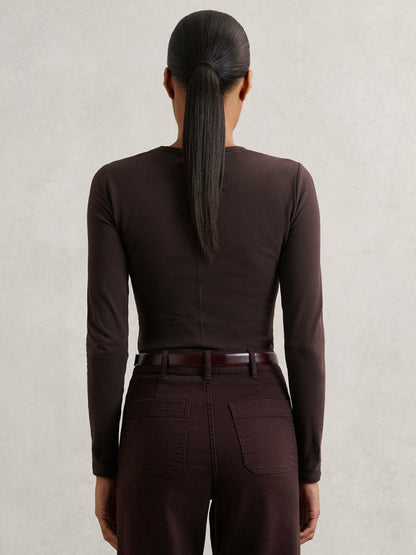 Cotton Crew-Neck Long-Sleeve T-Shirt With Stretch in Plum Purple | Reiss Women Exclusive