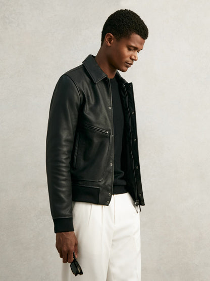 Grained Leather Zip Through Jacket in Black | Reiss Men Popular