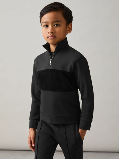 9-13 yrs Interlock Velour-Panel Zip Sweatshirt in Black | Reiss Children & Baby Recommended