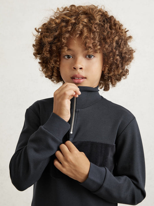 9-13 yrs Slim Fit Half-Zip Funnel Neck Velour Sweatshirt in Navy Blue | Reiss Children & Baby Trending